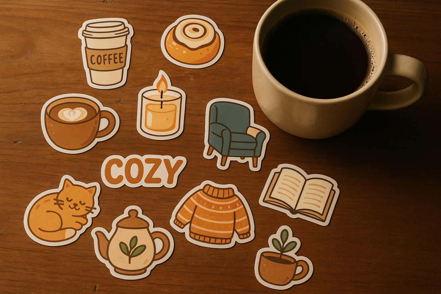 no i want a picture of a desk with stickers laying on top with a coffee mug 